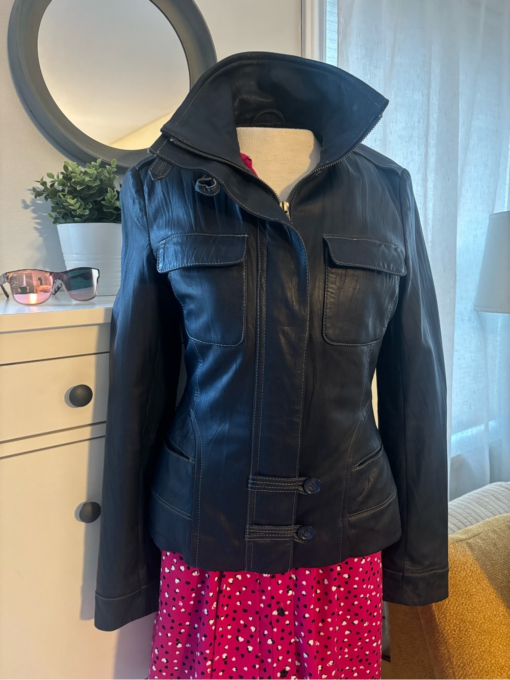 Danier navy blue Leather Women's Jacket with High Collar